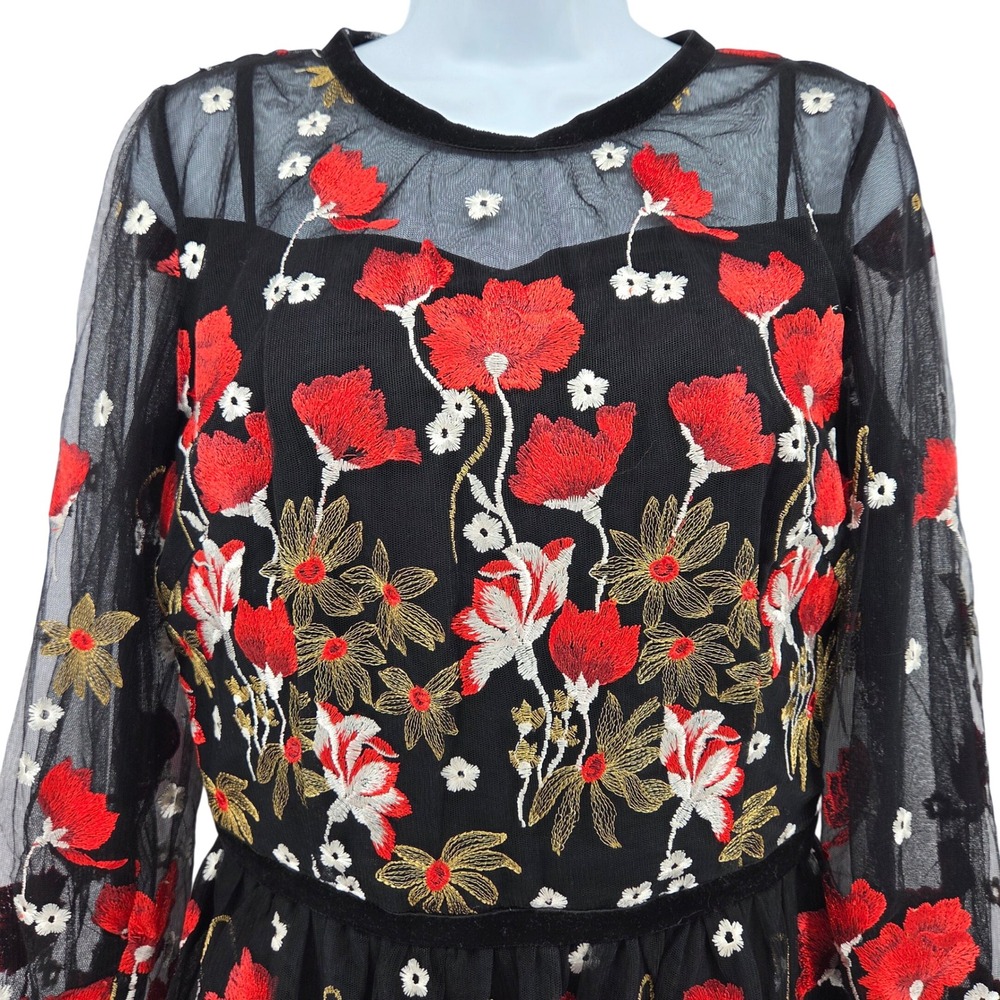 Bronx & Banco Mini Dress M Black Red Floral Embroidered Mesh Whimsigoth Cocktail - Picture 12 of 16